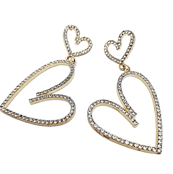 Gold Hoop chunky earrings dangle rhinestone Hearts Romantic statement 💖2/$30 - Picture 9 of 16